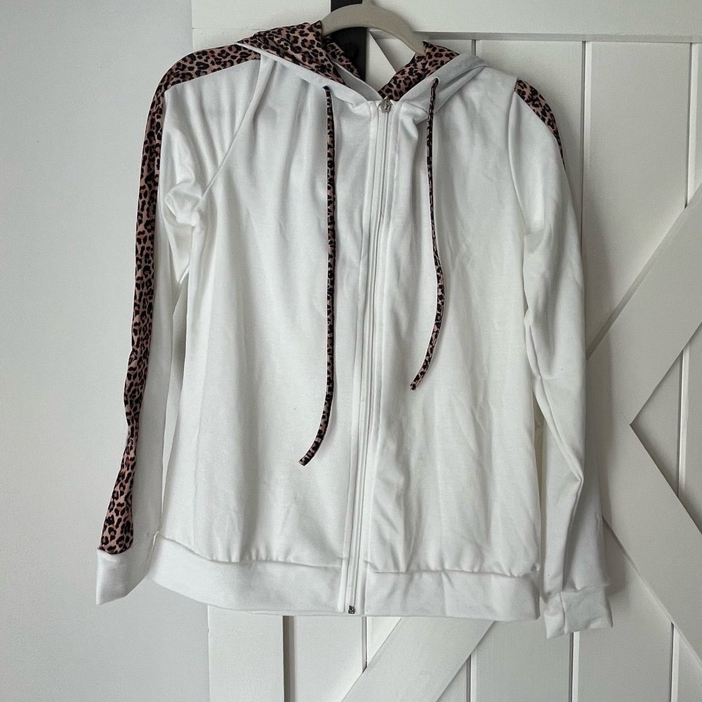 White Zip-Up Hoodie with Leopard Trim - Women's Jacket and jogger pants